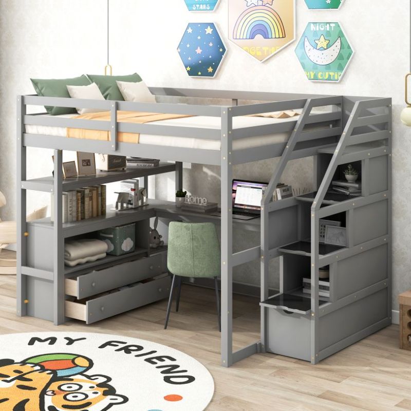 Photo 1 of ****BOX 1 OF 3 ONLY/INCOMPLETE SET***Full Loft Bed w/ Desk & Shelves, 2 Built-In Drawers, Storage Staircase, Gray