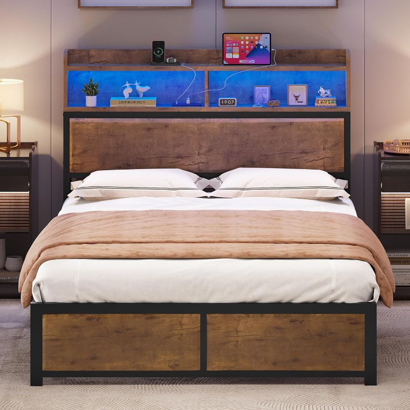 Photo 1 of ****MISSING PIECES***YITAHOME Queen Size Bed Frame,LED Bed Frame with Headboard,USB Ports & Charging Outlets,Metal Platform Bed Frame with 2 Tiers Storage Shelves, No Box Spring Needed, Vintage Brown
