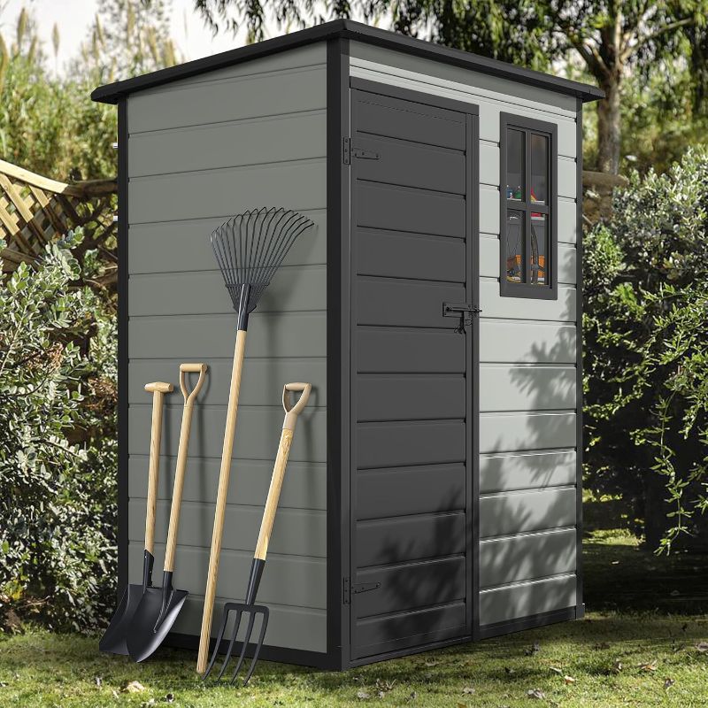 Photo 1 of ***PARTS ONLY/BOX 1 OF 2 ONLY***DWVO 5x3ft Resin Outdoor Storage Shed with Floor, Waterproof Lockable Storage Shed with Window, Plastic Outside Tool Storage for Garden, Backyard, Patio, Lawn,Blue-Gray+Black