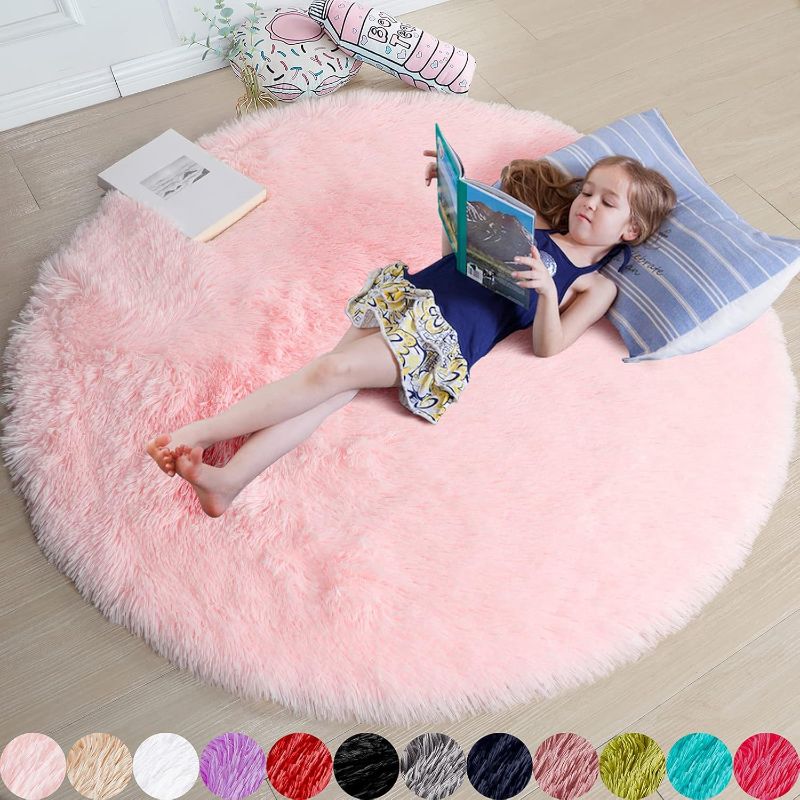 Photo 1 of Amdrebio Pink Round Rug 4Ft for Girls Bedroom, Fluffy Circle Area Rugs for Kids Room Decor Aesthetic, Shag Fuzzy Carpet for Living Room, Nursery, Dorm, Classroom, Teen, Cute Baby Play Mat, Washable

