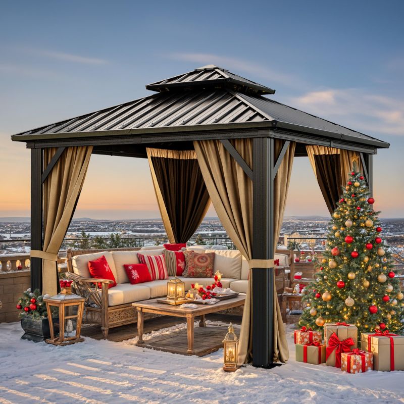 Photo 1 of ****INCOMPLETE SET****YITAHOME 10x10ft Gazebo Double Roof Canopy with Netting and Curtains, Outdoor Gazebo 2-Tier Hardtop Galvanized Iron Aluminum Frame Garden Tent for Patio, Backyard, Deck and Lawns