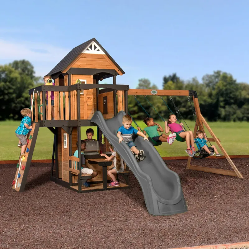 Photo 1 of ****2 LARGE PACKAGES AND A SLIDE****

Backyard Discovery Canyon Creek Cedar Wood Swing Set, Slide, Clubhouse, Rock Wall