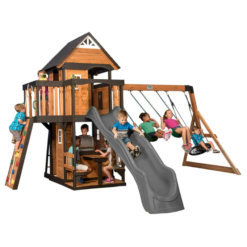 Photo 1 of ****2 LARGE PACKAGES AND A SLIDE****

Backyard Discovery Canyon Creek Cedar Wood Swing Set, Slide, Clubhouse, Rock Wall