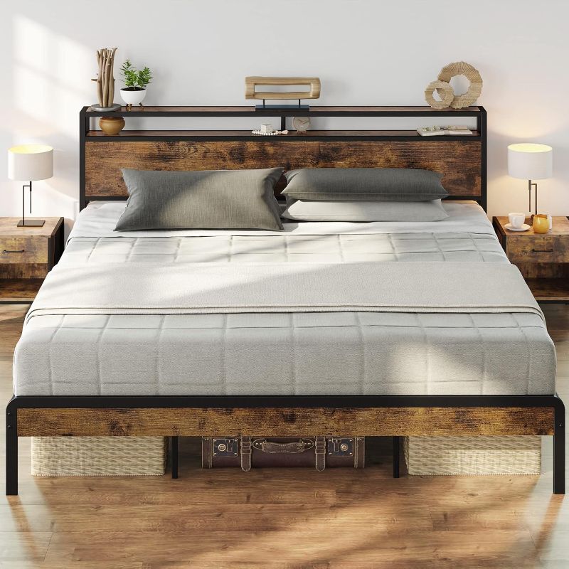 Photo 1 of **SIMILIAR TO PICTURE**Rustic Brown Metal Frame King Size Platform Bed with Charge Station and Storage Headboard & LED Lights