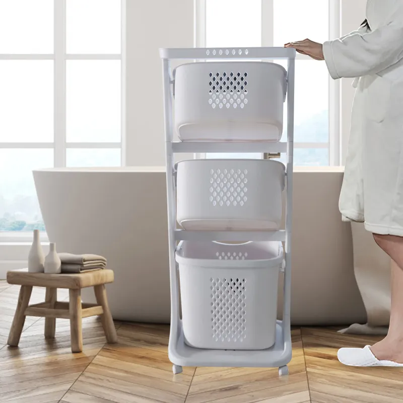Photo 1 of 3-Tier Laundry Hamper Basket Sorter Bathroom Organizer with Wheels Movable Clothes Storage Basket Kitchen Shelf Fruit Stand 360° Rolling Cart
