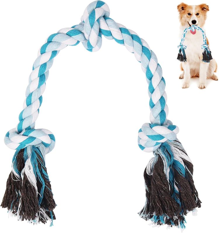 Photo 1 of  Dog Rope Toys, 24 in 3 Knots Chew Rope for Small, Medium and Large Dogs, Natural Cotton Pet Pull Toy for Tug of War and Teeth Cleaning (Blue)