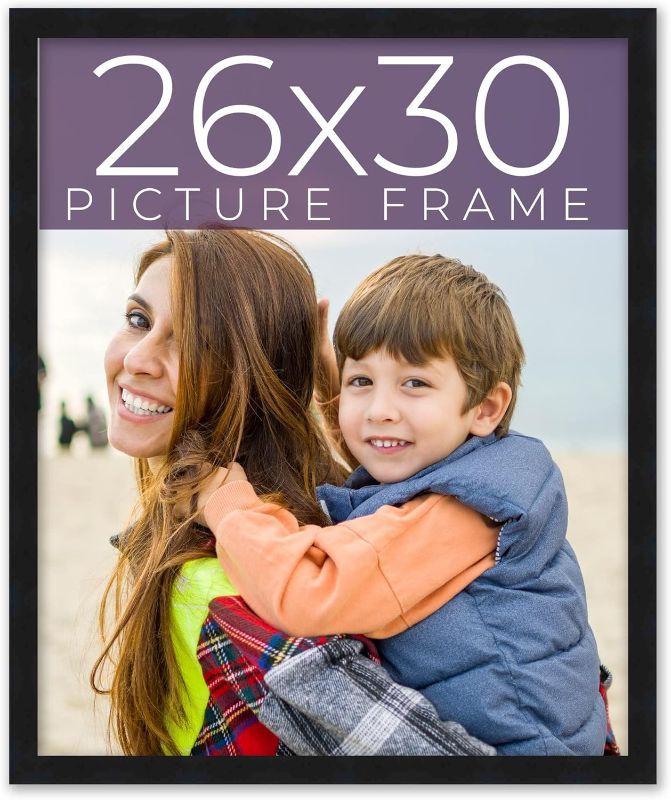 Photo 1 of 26x30 Frame Black Real Wood Picture Frame Width 0.75 Inches | Interior Frame Depth 0.5 Inches | Black Mid Century Photo Frame Complete with UV Acrylic, Foam Board Backing & Hanging Hardware