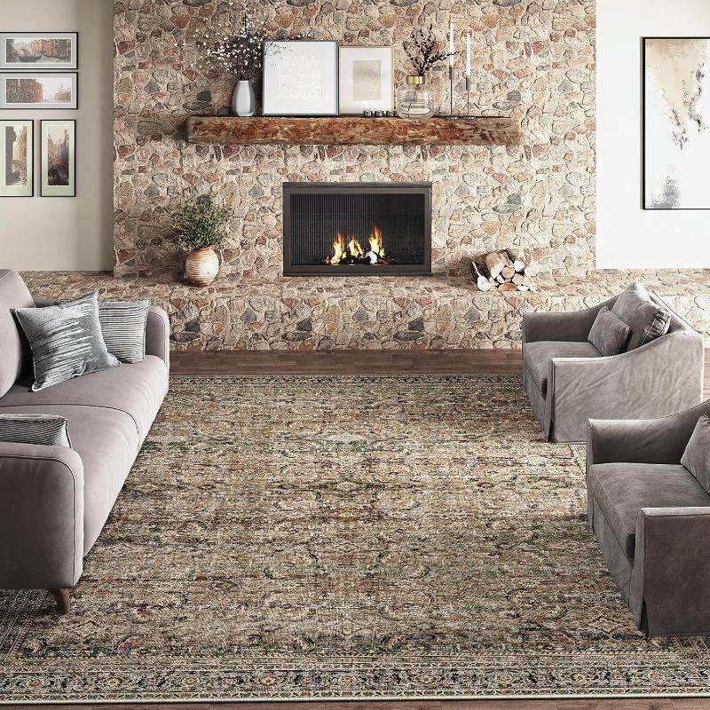 Photo 1 of 10x14 Washable Area Rug Brown Vintage Distressed Living Room Bedroom Large Throw Rug Non Slip Low Pile Soft Accent Indoor Floor Carpet for Dining Room Office Entryway Kitchen