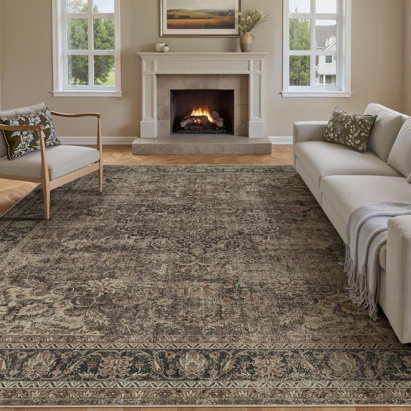 Photo 1 of 10x14 Washable Brown Vintage Area Rug for Living Room Bedroom Large Traditional Low Pile Soft Carpet Non-Slip Thin Retro Distressed Accent Throw Rug for Dining Room Office Kitchen Indoor