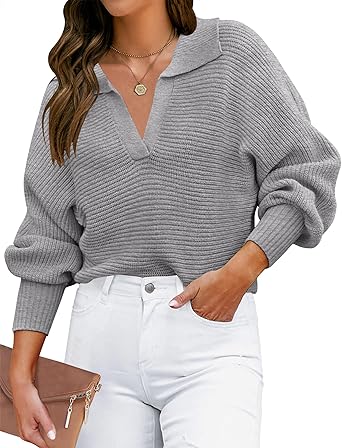 Photo 1 of  Women's Fall Lapel Collar V Neck Long Sleeve Ribbed Knit Comfy Loose Casual Pullover Sweater Jumper Top