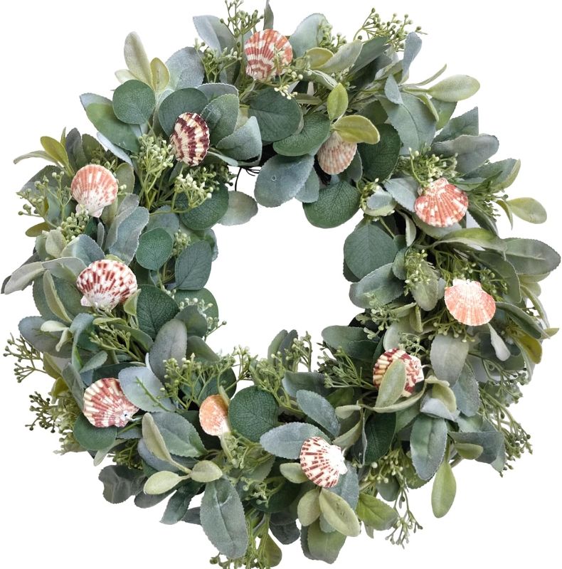 Photo 1 of 24" Artificial Eucalyptus Wreath for Front Door - Spring Summer Farmhouse Decorwith Lamb's Leaves Shells Indoor/Outdoor Green Wreath