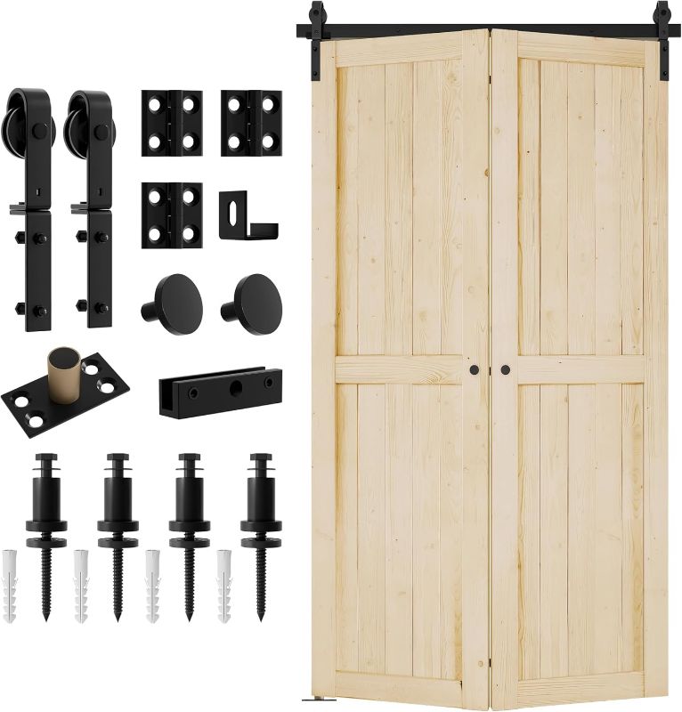Photo 1 of 48'' x 84'' Bi-Fold Barn Door with Sliding Hardware Kit Set, 2 x 24in Door Panel with One-Piece 52'' Track, Pre-Drilled Bi-Folding Barn Door Slab-Ready for Painting, Natural Spruce