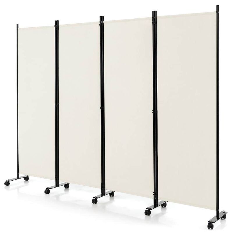 Photo 1 of 4-Panel Folding Room Divider 6 Ft. Rolling Privacy Screen with Lockable Wheels White