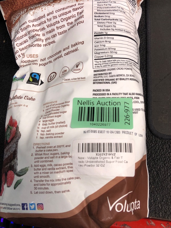 Photo 1 of ***(EXP: 06/07/25)NONREFUNDABLE***Volupta Organic & Fair Trade Unsweetened Super Food Cacao Powder, 32 Ounce