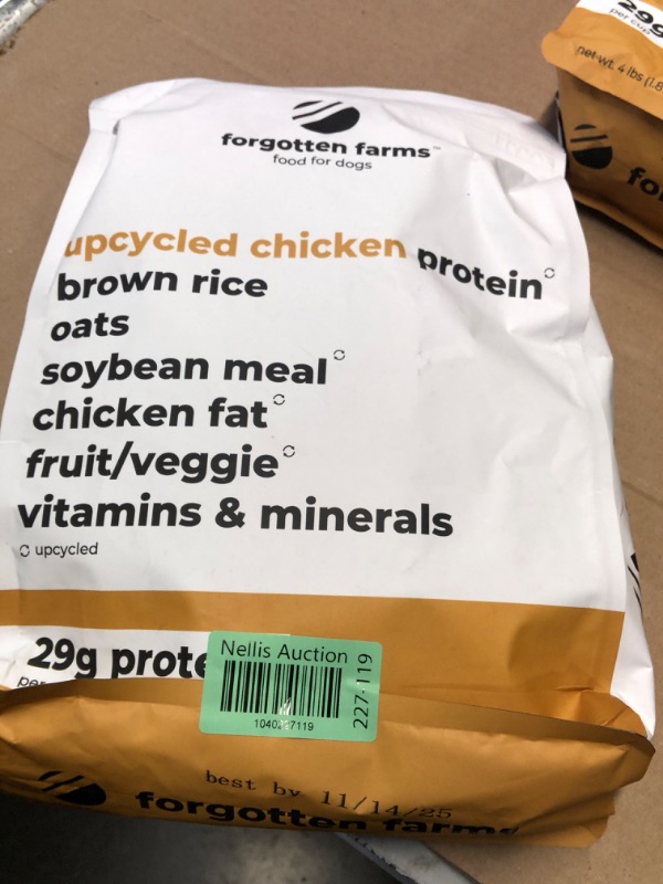 Photo 1 of ***(EXP:11/14/25 )NONREFUNDABLE***Forgotten Farms Dog Food, Upcycled Chicken Protein and Ancient Grains, 29g Protein, 4 lb Bag