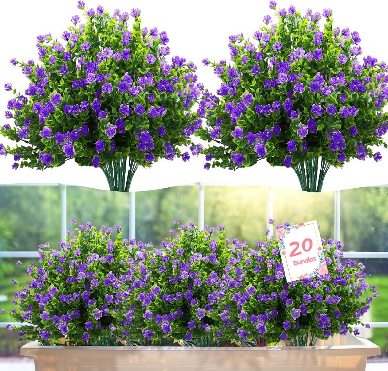 Photo 1 of (BAGGED) YIBUKIY 20 Bundles Artificial Flowers Outdoor Fake Flowers, UV Resistant No Fade Faux Plastic Greenery Shrubs Plants for Hanging Garden Porch Window Box Home Decor