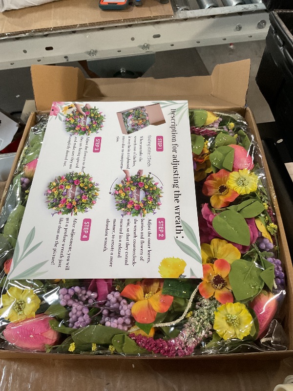 Photo 1 of Pinkpuii Spring Wreaths for Front Door Outside,24 Inch Summer Tulip Floral Wreath,Indoor Outdoor Green Eucalyptus Welcome Wreath with Colorful Wildflowers –Vibrant, Lifelike Wall Porch Door Decor