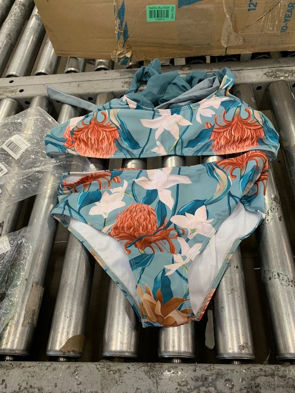 Photo 1 of IDOPIP Women's Two Piece Swimsuit with Cover up Beach Skirt Floral Printed Swimsuit Bathing Suit Ruffle Monokini Swimwear Wrap Sarong Coverups 3 Pieces Bikini Set Beachwear Blue Floral 3PCS L