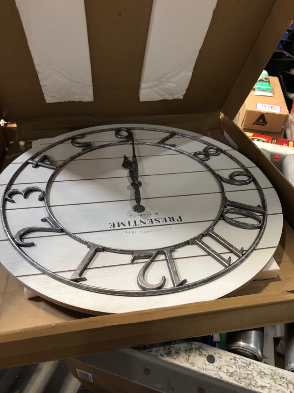 Photo 1 of ***USED - UNABLE TO TEST***
Presentime & Co Classic Farmhouse Shiplap Clock, 19.5 inch, Galvanized Finish Arabic Numerals with White Shiplap Style. Large Farmhouse Decor for Living Room, Entryway, Home Office. Wall Décor