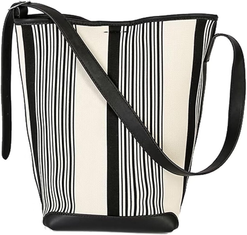 Photo 1 of (see all images) Bucket Bag for Women Shoulder Handbag Canvas Satchel Bag Designer Tote Purse Striped Hobo Bag Daily Commuter Work Bag