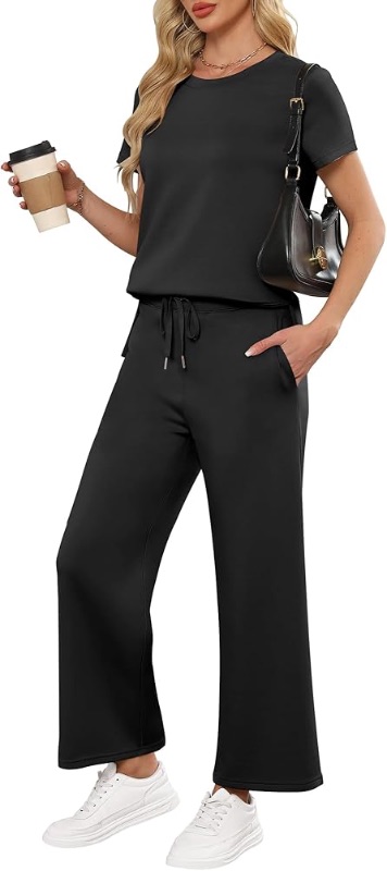 Photo 1 of (See all images) ANRABESS Women 2 Piece Lounge Sets Summer Travel Sweat Outfits Short Sleeve Wide Leg Casual Matching Tracksuits Clothes Size M (BLUE)