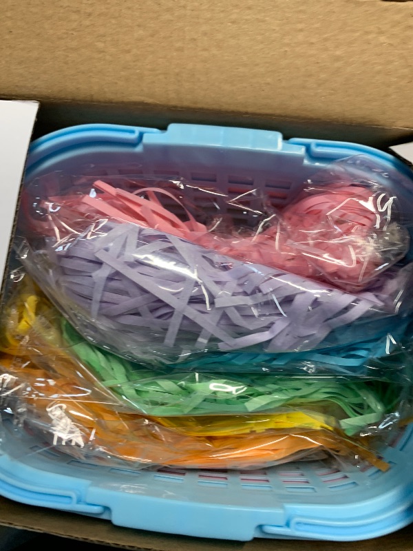Photo 1 of AUUGUU 10 Pack Easter Baskets for Kids, Plastic Easter Bags with Handles, Easter Bucket Bags Filled with Grass for Easter Egg Hunt, Perfect Theme Party Favors