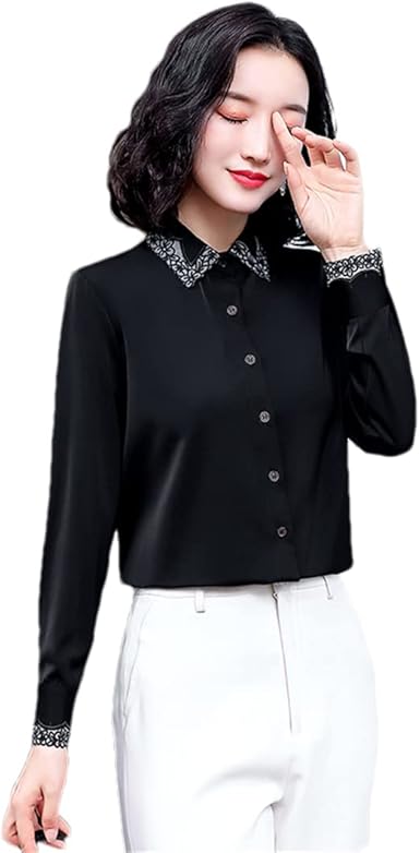 Photo 1 of ***STOCK PHOTO REFERENCE ONLY, NO SIZE TAG, APPROX SMALL/MEDIUM***Elegant Women Blouses and Shirts Embroidered Lapel Office Lady Solid Basic Shirts Tops