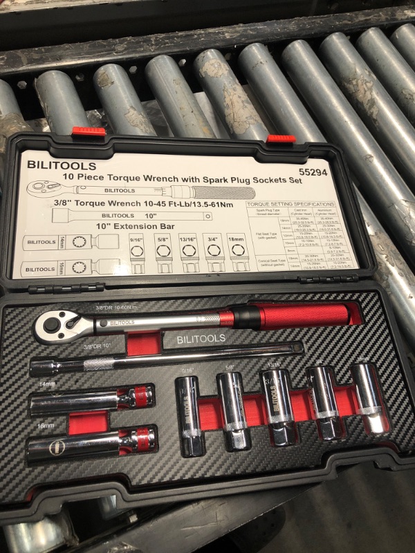 Photo 1 of  BILITOOLS 9-Piece Spark Plug Socket Set with Click Torque Wrench, 3/8 Inch Magnetic Swivel Spark Plug Socket, Extension Bar, Cr-V Steel