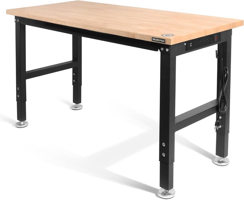 Photo 1 of  48" Adjustable Workbench, Rubber Wood Top Heavy-Duty Workstation, 2000 LBS Load Capacity Hardwood Worktable with Power Outlets, for Workshop, Garage, Office, Home
