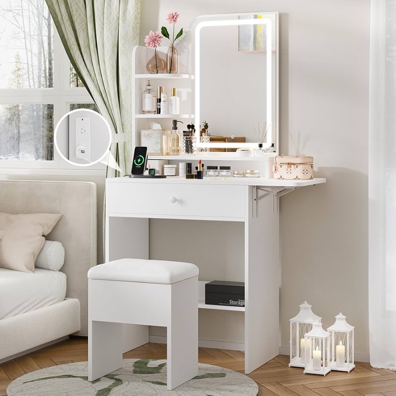 Photo 1 of Haewon White Makeup Vanity Desk with Mirror and Lights, Vanity Table Set with Charging Station, Drawer, Storage Chair and Shelves, Dressing Table with Foldable Panel for Small Space Bedroom