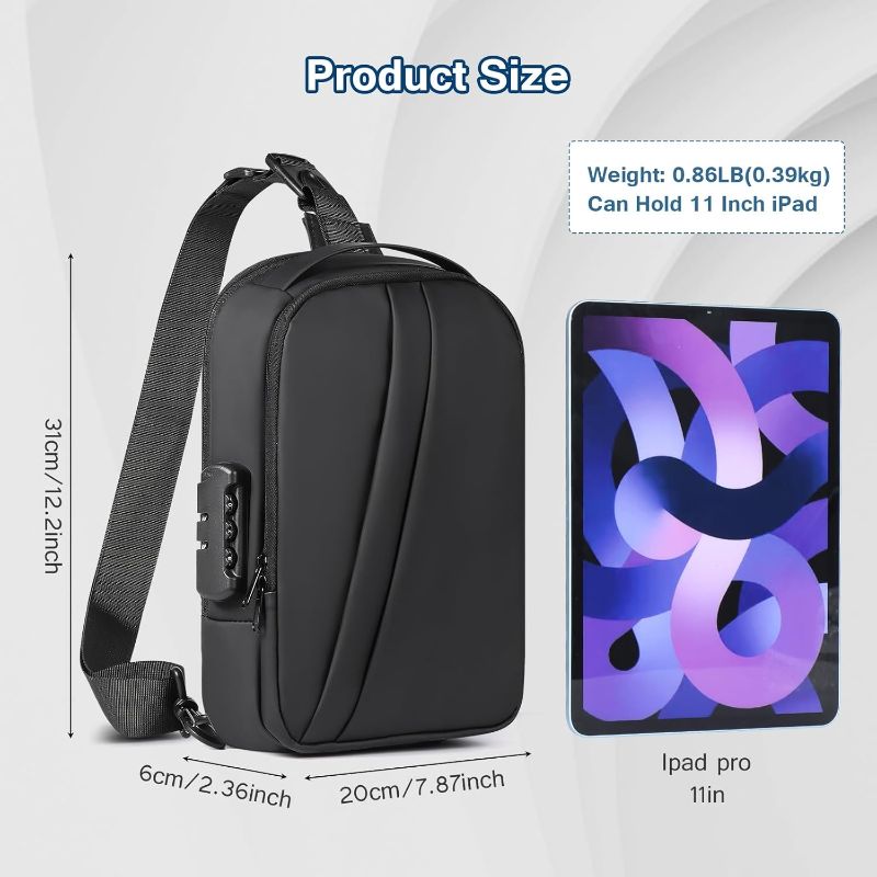 Photo 1 of (BAGGED) (USED/FAIR) Geestock Men's Crossbody Sling Bag with Anti-Theft Password Lock, Waterproof Sling Backpack with USB Charging Port, PU Leather Chest Bag Casual Shoulder Bag (Black)
