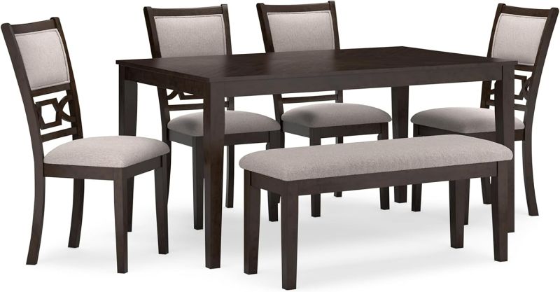Photo 1 of (stock photo for refference)  **TRuck/ trailer pick up only)

Signature Design by Ashley Langwest Transitional Diamond Patterned Dining Table with 4 Upholstered Chairs and Bench, Set of 6, Dark Brown & Beige