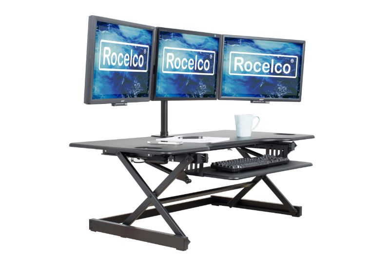 Photo 1 of *FACTORY SEALED* Rocelco 46" Large Height Adjustable Standing Desk Converter - Quick Sit Stand Up Triple Monitor Riser - Tall Gas Spring Assist Computer Workstation - Retractable Keyboard Tray - Black (R DADRB-46) *OPENED TO CHECK CONTENTS*