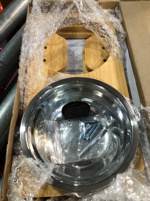 Photo 1 of (see all images) (missing one bowl)SEASOULSTAR Dog Bowls Elevated - Adjustable Raised Dog Bowl Stand with 2 Stainless Steel Bowls - Durable Bamboo Tilted Dish Stand 