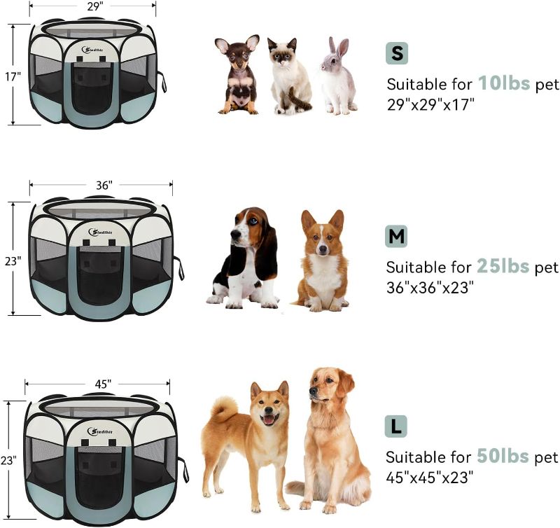 Photo 1 of (SMALL) (used)Siedihit Dog Cat Playpen, Puppy Pet Playpen Indoor for Small Dogs Tent Crates Cage Outdoor, Portable Pop Up Dog Kennel Playpen with Carrying Case for Dogs/Cats/Rabbits, Removable Zipper Top, Grey