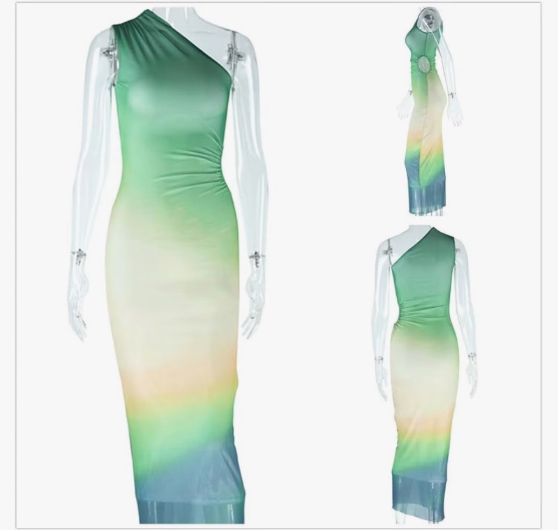 Photo 1 of Xuan2Xuan3 Women's 2024 Sexy Summer Mesh One Shoulder Long Dress Gradient Sleeveless Party Club Bodycon Dresses