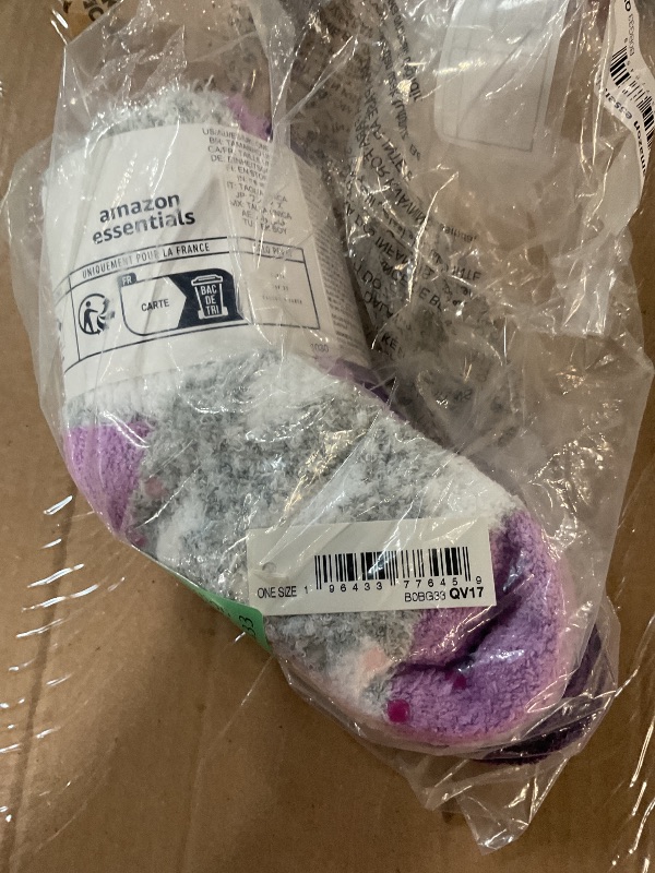 Photo 1 of Amazon Essentials Kids Cozy Socks with Non-Skid Bottoms, 4 Pairs, Grey/Navy/Purple/White, Medium(One Size)
