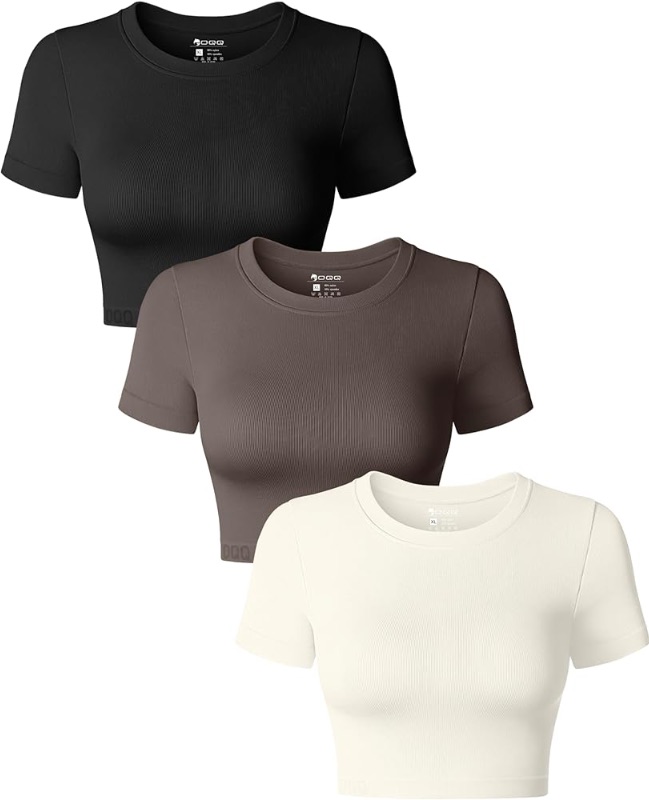 Photo 1 of ** Stock photo reference only ** Women’s three-piece crop top crewneck, long sleeve stretch, fitted shirt crop top SIZE LARGE