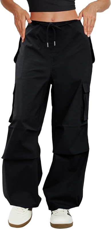 Photo 1 of ** Stock photo reference only ** Cargo Pants Women Low Waisted Parachute Pants with Pockets Loose Baggy Hiking Pants Y2K Clothes