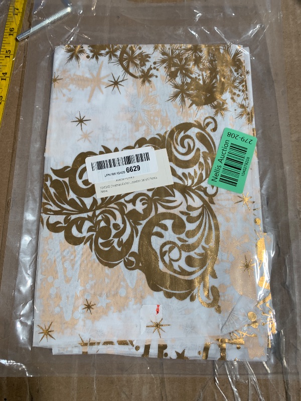 Photo 1 of ** Stock photo reference **TOMORO Christmas Kitchen Curtians, Xmas Semi Sheer Short Curtain Luxury Gold Foil Tree Print Voile Sheer Curtains for Holiday Window Decoration, Set of 2 Panels