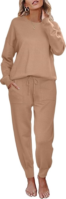 Photo 1 of ** Stock photo reference **Ekouaer Women's 2 Piece Lounge Set Long Sleeve Knit Pajamas Sweatsuit Jogger Pant Outfits With Pockets size medium-large ??