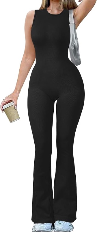 Photo 1 of *** Stock photo reference*** OQQ Women Yoga Jumpsuits Ribbed Crew Neck Sleeveless Bell Bottoms Flare Jumpsuits