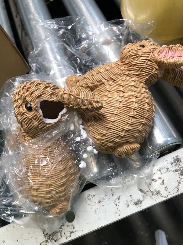 Photo 1 of (broekn ear on one bunny)(see images) Hodao Set of 2 Woven Easter Bunny Figurines - 4.8" Tall White Rabbit Resin Sculptures with Handcrafted Wicker-Style Design for Easter and Spring Home Décor (Brown Set 2)