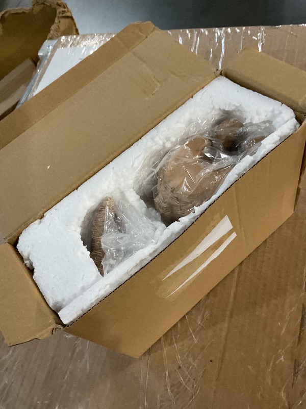 Photo 1 of (broekn ear on one bunny)(see images) Hodao Set of 2 Woven Easter Bunny Figurines - 4.8" Tall White Rabbit Resin Sculptures with Handcrafted Wicker-Style Design for Easter and Spring Home Décor (Brown Set 2)