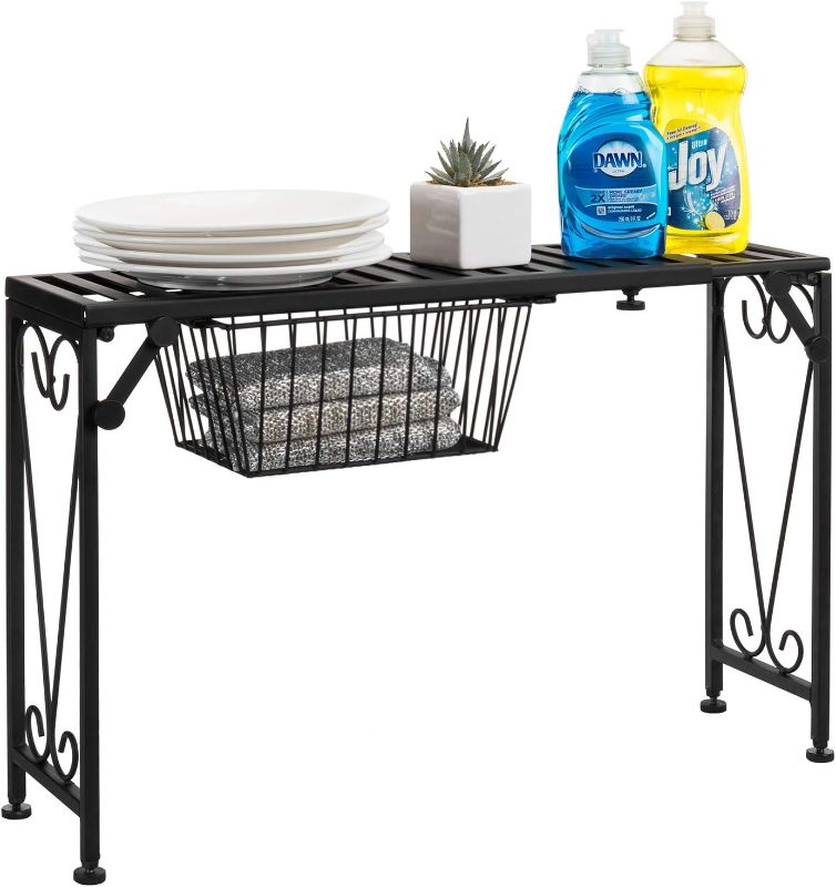 Photo 1 of **Missing Hardware** MyGift Black Metal Over the Sink Organizer Shelf with Pull Out Drawer, Expandable Kitchen Caddy Rack, Bathroom Storage Shelf Riser with Scrollwork Design
