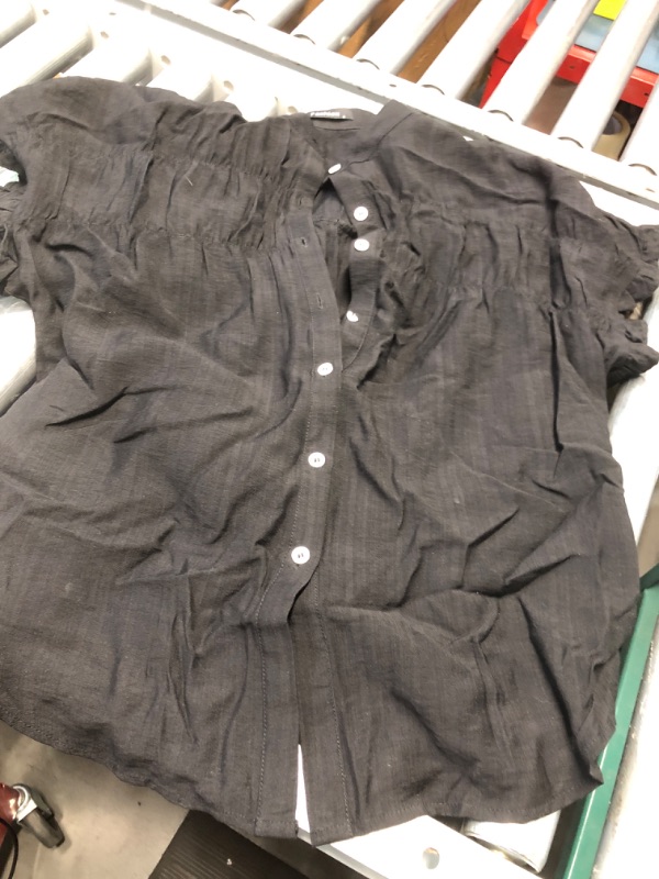 Photo 1 of **MIDDLE BUTTON IS BROKEN** MASCOMODA Womens 2025 Button Down Shirts Ruffle Short Sleeve Loose Summer Tops Dressy Casual V Neck Business Work Blouses(Black,Small)