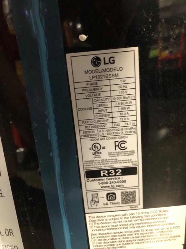 Photo 1 of ***USED - LIGHTS UP WHEN PLUGGED IN, BUT FAN DOESN'T BLOW - UNABLE TO TROUBLESHOOT - SEE PICTURES - LIKELY MISSING PARTS***
LG 10,000 BTU Smart Portable Air Conditioner, 115V, Cools 450 Sq.Ft. (18' x 25' Room Size), Portable Air Conditioner for Home with 