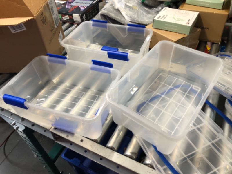 Photo 1 of ***INCOMPLETE LATCHES BROKEN OFF - GASKET TORN AS WELL - SEE PICTURES***
 IRIS USA WeatherPro 16 Qt Storage Bins with Lids, 3 Pack, BPA-Free Plastic Gasket Box with Tight Latch and Seal, Stackable Nestable Tote Tub - Clear/Blue