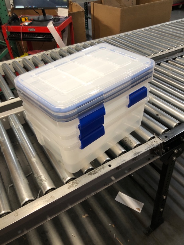 Photo 1 of ***INCOMPLETE LATCHES BROKEN OFF - GASKET TORN AS WELL - SEE PICTURES***
 IRIS USA WeatherPro 16 Qt Storage Bins with Lids, 3 Pack, BPA-Free Plastic Gasket Box with Tight Latch and Seal, Stackable Nestable Tote Tub - Clear/Blue
