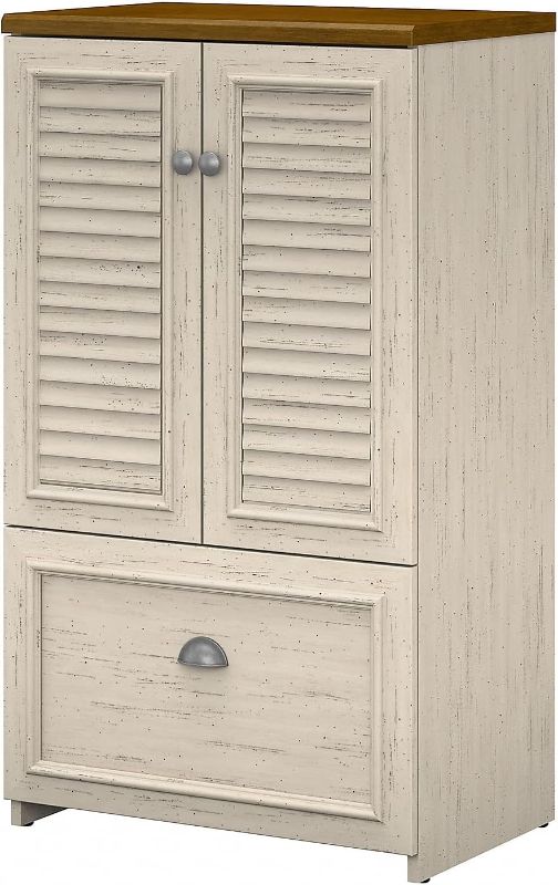 Photo 1 of ***MAJOR DAMAGE - SEE COMMENTS***
Bush Furniture Fairview 2 Door Storage Cabinet with File Drawer in Antique White and Tea Maple, 15.83"D x 23.74"W x 41.69"H